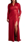 Tadashi Shoji Plus Size Ruched Side-slit Metallic Jersey Gown In Deep Red