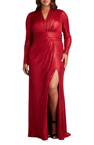 Tadashi Shoji Plus Size Ruched Side-slit Metallic Jersey Gown In Deep Red