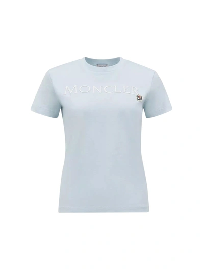 Moncler T-shirt With Embroidered Logo In Blue