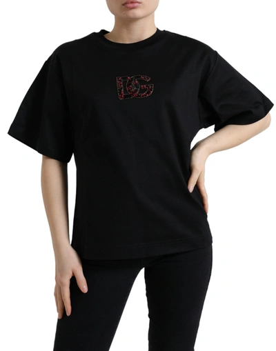 Dolce & Gabbana Black Cotton Dg Crystal Crewneck Tee T-shirt