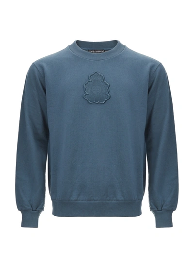 Dolce & Gabbana Cotton Round Neck Sweatshirt With Front Attached Logo In Blue