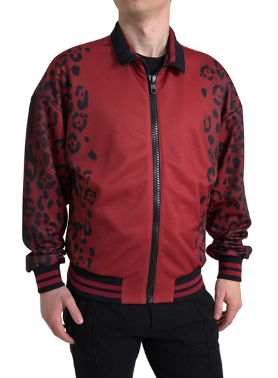 Dolce & Gabbana Red Leopard Polyester Bomber Full Zip  Jacket