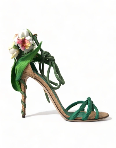 Dolce & Gabbana Green Flower Satin Heels Sandals Shoes