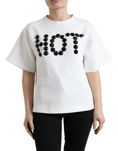DOLCE & GABBANA T-SHIRT WHITE COTTON STRETCH BLACK HOT CRYSTAL