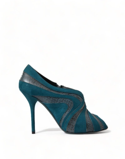 Dolce & Gabbana Teal Suede Leather Peep Toe Heels Pumps Shoes In Green