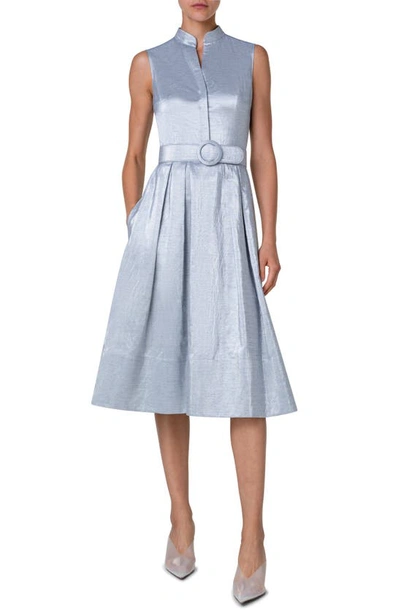 Akris Punto Metallic Cotton Belted Midi Dress In Silver Blue