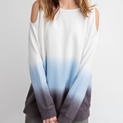 Easel Tie Dyed Terry Cold Shoulder Top In Blue