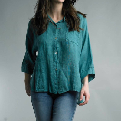 Tempo Paris Wash Linen Button Down Shirt In Teal In Blue