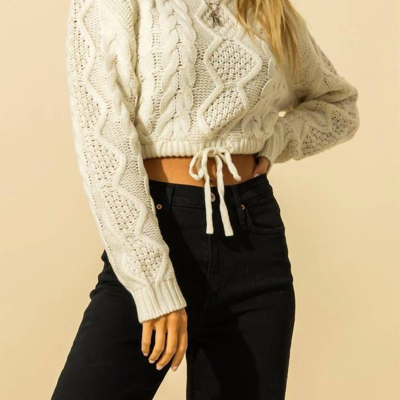 Hyfve Double Zero Cable Knit Drawstring Hem Crop Sweater In White