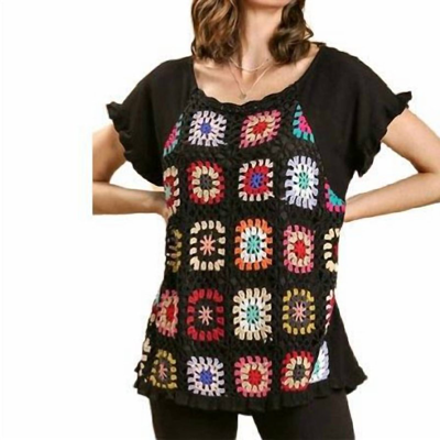 UMGEE LINEN TOP WITH COLORFUL CROCHET PATCHES