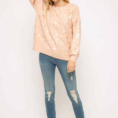 Mystree Shiny Gold Leopard Sweater In Blush In Pink