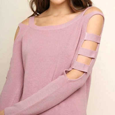 Umgee Cold Shoulder Cutout Sleeve Tunic Sweater In Pink