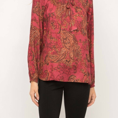 Mystree Smocked Neck Tassel Tie Peasant Blouse In Burgundy Paisley Print In Red