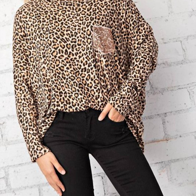 Fsl Apparel Leopard Top With Rose Gold Sequin Pocket Tee In Brown