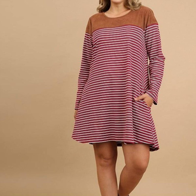 Umgee Stripe Plus Dress With Suede Shoulders And Elbow Patch In Pink