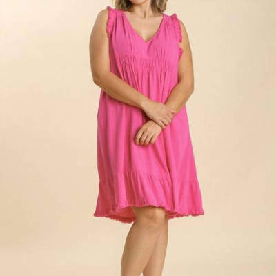 Umgee Linen Blend V Neck Dress With Frayed Ruffle Hem Plus In Pink
