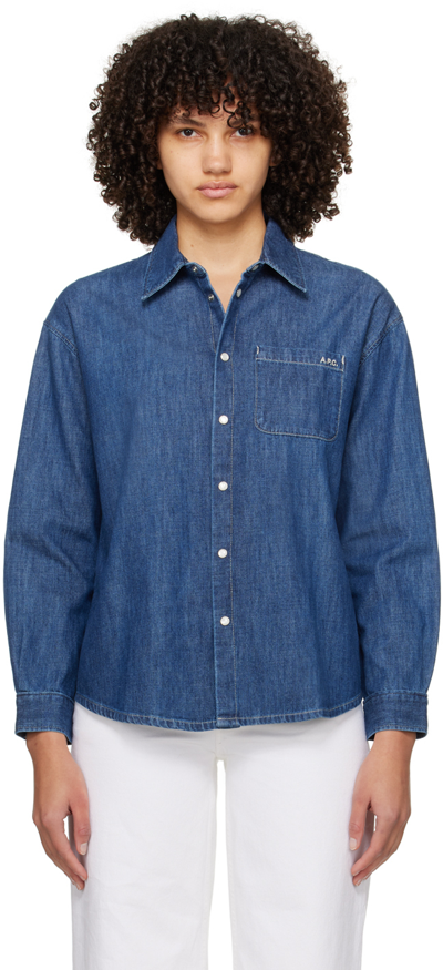 Apc Logo-embroidered Denim Shirt In Blue