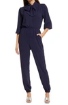 Fraiche By J Tie Waist Long Sleeve Jumpsuit In Navy