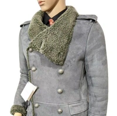 Pre-owned Balmain Mainline Mens Slim Shearling Leather Military Flight Peacoat Uk 38 In Grey