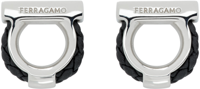 Ferragamo Silver & Black Gancini Cufflinks In Pelle Black