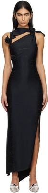 Coperni Long Black Asymmetric Dress With Roses Applications In Stretch Polyamide Woman In Black