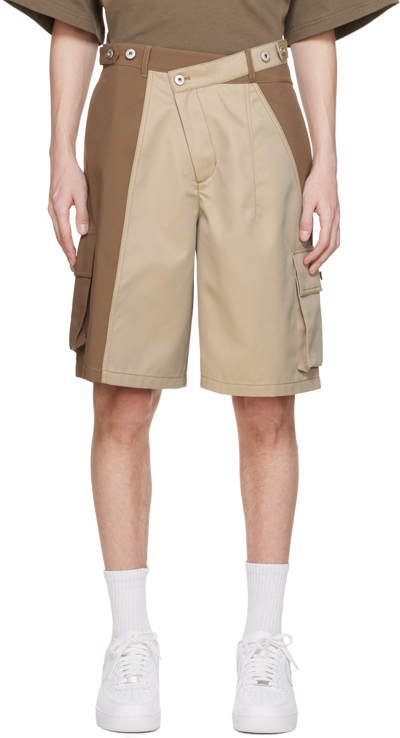 Feng Chen Wang Twits-detail Colour-block Shorts In Khaki/brown
