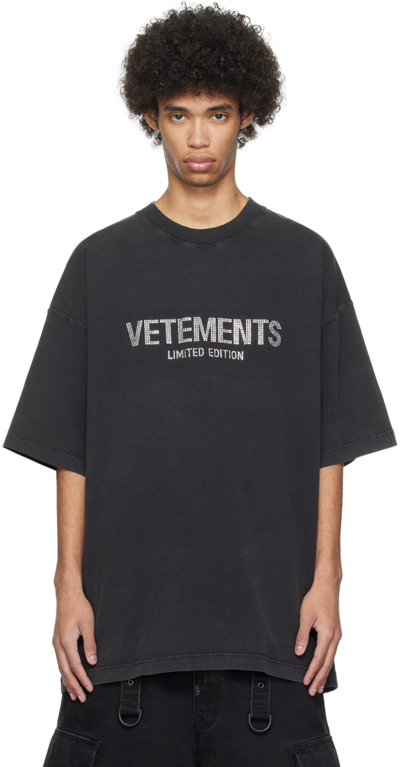 Vetements Black Crystal-cut T-shirt In Washed Black