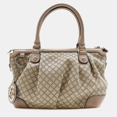 Pre-owned Gucci Beige Canvas And Leather Diamante Sukey Tote Bag