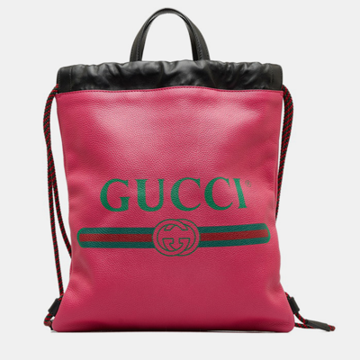 Pre-owned Gucci Pink Leather Logo Drawstring Backpack