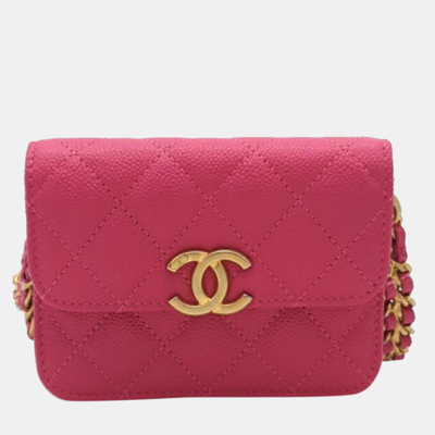 Pre-owned Chanel Caviar Chain Melodie Card Wallet In Pink