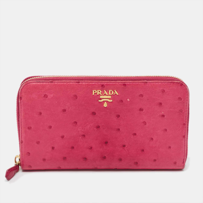 Pre-owned Prada Magenta Ostrich Zip Around Continental Wallet In Pink