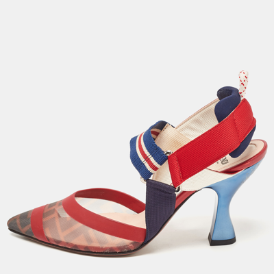 Pre-owned Fendi Brown Multicolor Mesh And Fabric Colibri Slingback Sandals Size 36