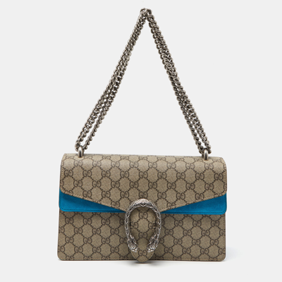 Pre-owned Gucci Beige/blue Gg Supreme Canvas And Suede Small Dionysus Shoulder Bag