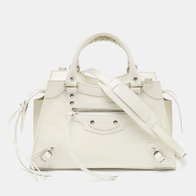 Pre-owned Balenciaga Off White Croc Embossed Leather Small Neo Classic Tote