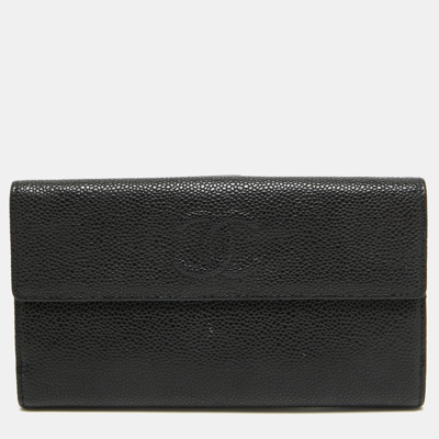 Pre-owned Chanel Black Quilted Caviar Leather Cc Flap Continental Wallet