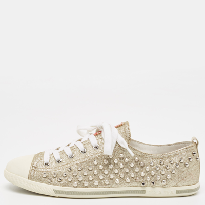 Pre-owned Prada Metallic Gold Glitter Stud Low Top Trainers Size 40