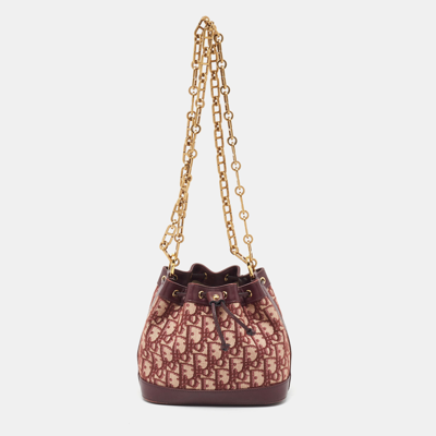Pre-owned Dior Burgundy Oblique Canvas And Leather Drawstring Chain Bucket Bag