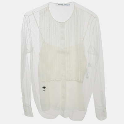 Pre-owned Dior Christian  White Dotted Tulle Blouse S
