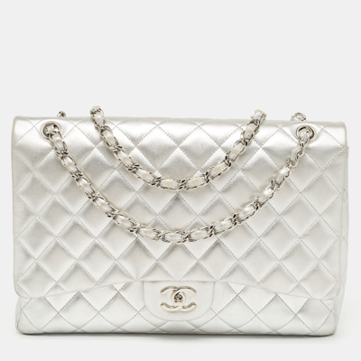 Pre-owned Chanel Silver Quilted Lambskin Leather Maxi Classic Single Flap Bag