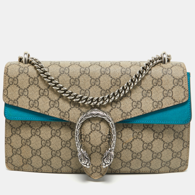 Pre-owned Gucci Beige/blue Gg Supreme Canvas And Suede Small Dionysus Shoulder Bag