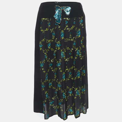 Pre-owned Elisabetta Franchi Black Floral Print Crepe Pleated Semi Sheer Midi Skirt S