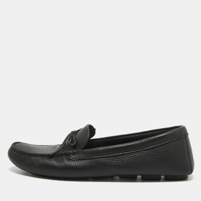 Pre-owned Prada Black Leather Logo Embellished Bow Slip On Loafers Size 38.5