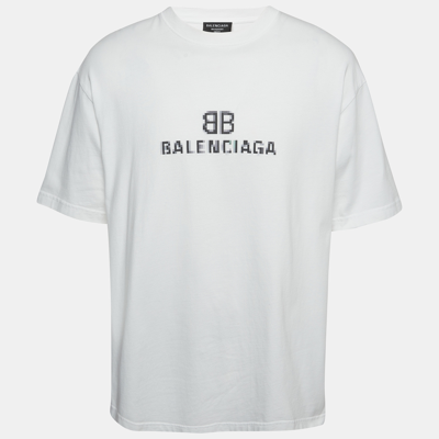 Pre-owned Balenciaga White Pixel Logo Print Half Sleeve T-shirt M