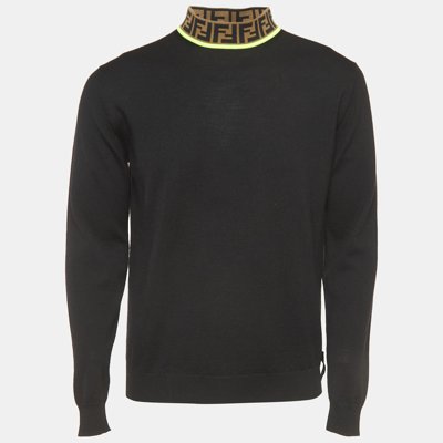 Pre-owned Fendi Black Wool Logo Neck Detail Jumper M