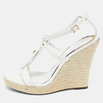 Pre-owned Burberry White Leather Wedge Ankle Strap Sandals Size 39.5