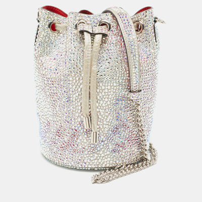 Pre-owned Christian Louboutin Silver Crystal Embellished Leather Marie Jane Bucket Bag
