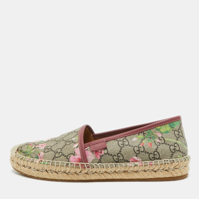 Pre-owned Gucci Grey Gg Floral Canvas Slip On Espadrille Flats Size 37.5