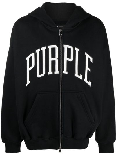Purple Brand Logo Cotton Full Zip Hoodie In Black
