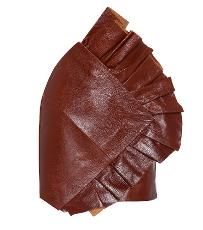 Saint Laurent Asymmetrical Mini Skirt With Ruffles In Shiny Camel-color Vintage Leather In Brown