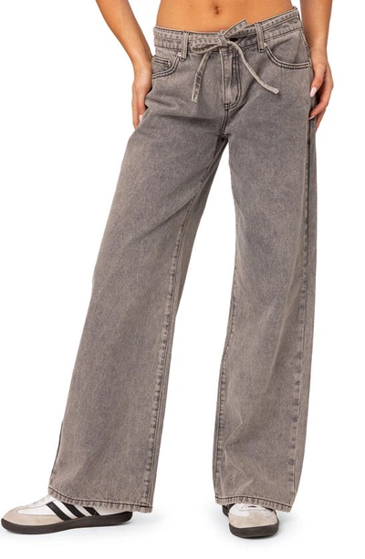 Edikted Tie Belt Low Rise Wide Leg Jeans In Light-gray